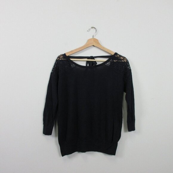 Club Monaco Sweater Top Women S Black 3/4 Sleeve Crochet Tie Back Viscose 248 - Picture 1 of 10